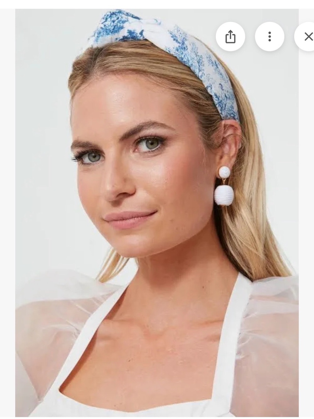 Lele Sadoughi Blue & White Toile Padded Headband with White Drop Earrings